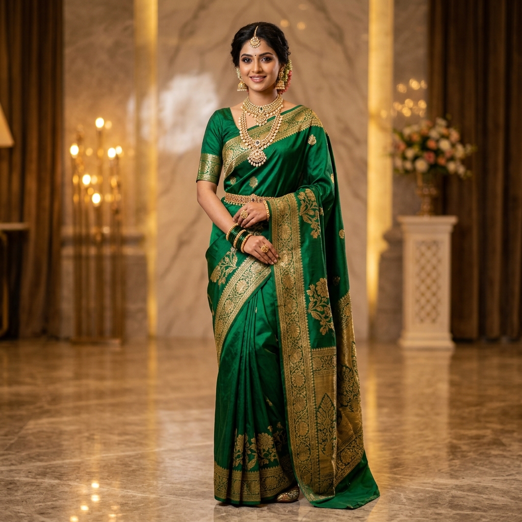 Model wearing a green and gold silk saree in studio