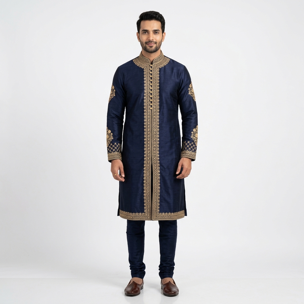 Male model wearing a premium navy blue kurta with gold embroidery