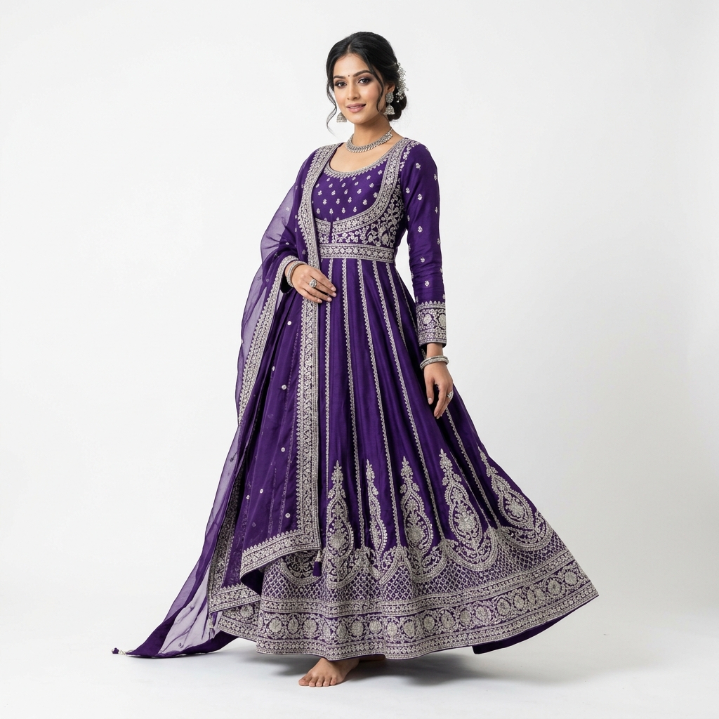 Model in an elegant deep purple anarkali dress